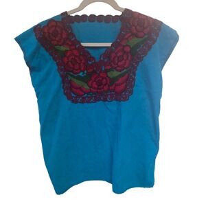 Vibrant Turquoise Embroidered Floral Mexican Folk Art Blouse Top Women